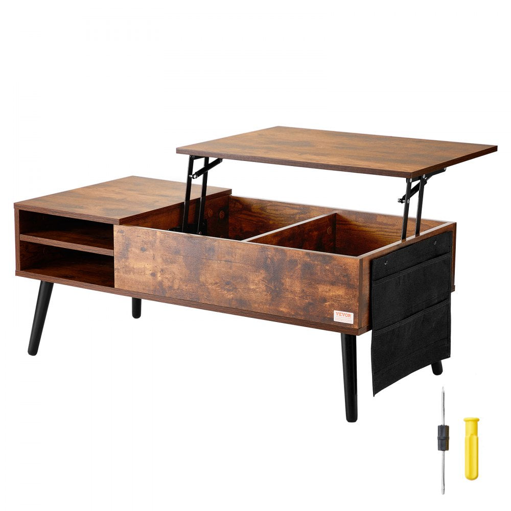VEVOR Lift Top Coffee Table, 39.4 in Rectangle Coffee Table with Extra Storage Pockets, Pop Up Coffee Table for Living Room, Brown