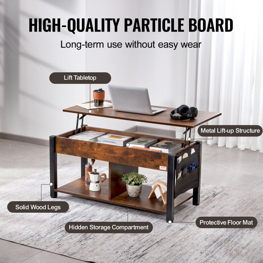 VEVOR Lift Top Coffee Table, 41.7 in Rectangle Coffee Table with Extra Storage Pockets, Pop Up Coffee Table for Living Room, Brown