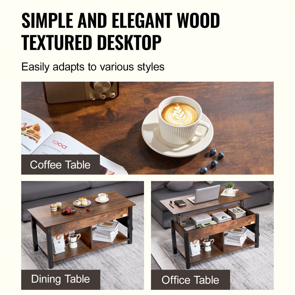 VEVOR Lift Top Coffee Table, 41.7 in Rectangle Coffee Table with Extra Storage Pockets, Pop Up Coffee Table for Living Room, Brown