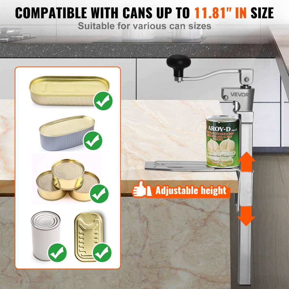 VEVOR Commercial Can Opener, Heavy-Duty Manual Tabletop Cans Opener for Cans Up to 11.8 in Height, Height-Adjustable Professional Can Openers with Stainless Steel Blade, for Restaurant & Food Store