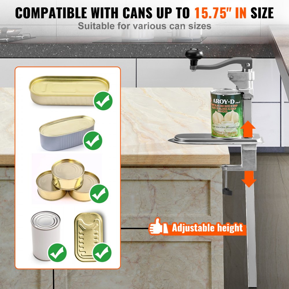 VEVOR Commercial Can Opener, Heavy-Duty Manual Tabletop Cans Opener for Cans Up to 15.75 in Height, Height-Adjustable Can Openers Fixed with Screws & Table Clamp, for Restaurant, Hotel, and Food Store