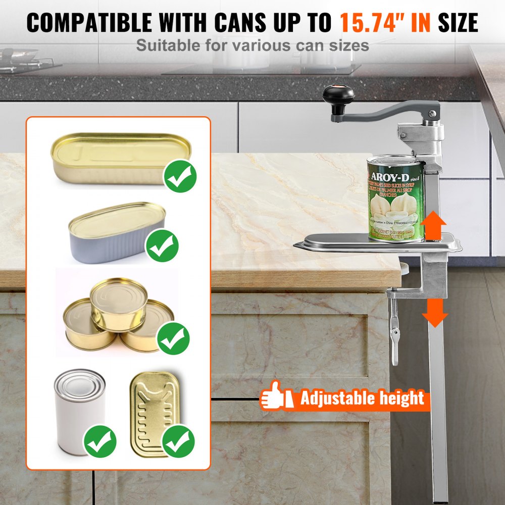 VEVOR Manual Can Opener, Sturdy Table-Mounted Opener for Big Cans, Durable with Stand, Height-Adjustable Professional Bottle Opener, Suitable for Cans Up to 15.7" High, Ideal for Restaurants, Hotel
