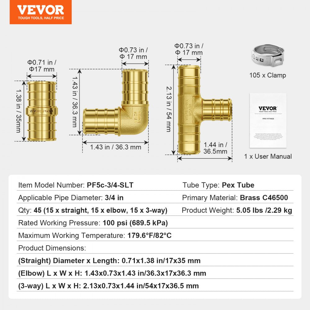VEVOR Pipe Fittings, 3/4" 45PCS (15xStraight, 15xElbows, 15xTees) Brass Pipe Fittings, Push-Fit Pipe Connector Brass Air Fittings, Plumbing Fittings Adapter for Heating/Shower Systems, Water Pipes