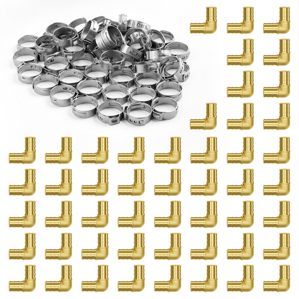 VEVOR Pipe Fittings, 1/2" 50PCS Brass Pipe Fittings, Clamp-style Elbows Pipe Connector Brass Air Fittings, Heavy Duty Plumbing Fittings Tube Adapter for Heating/Shower Systems, Outdoor Water Pipes