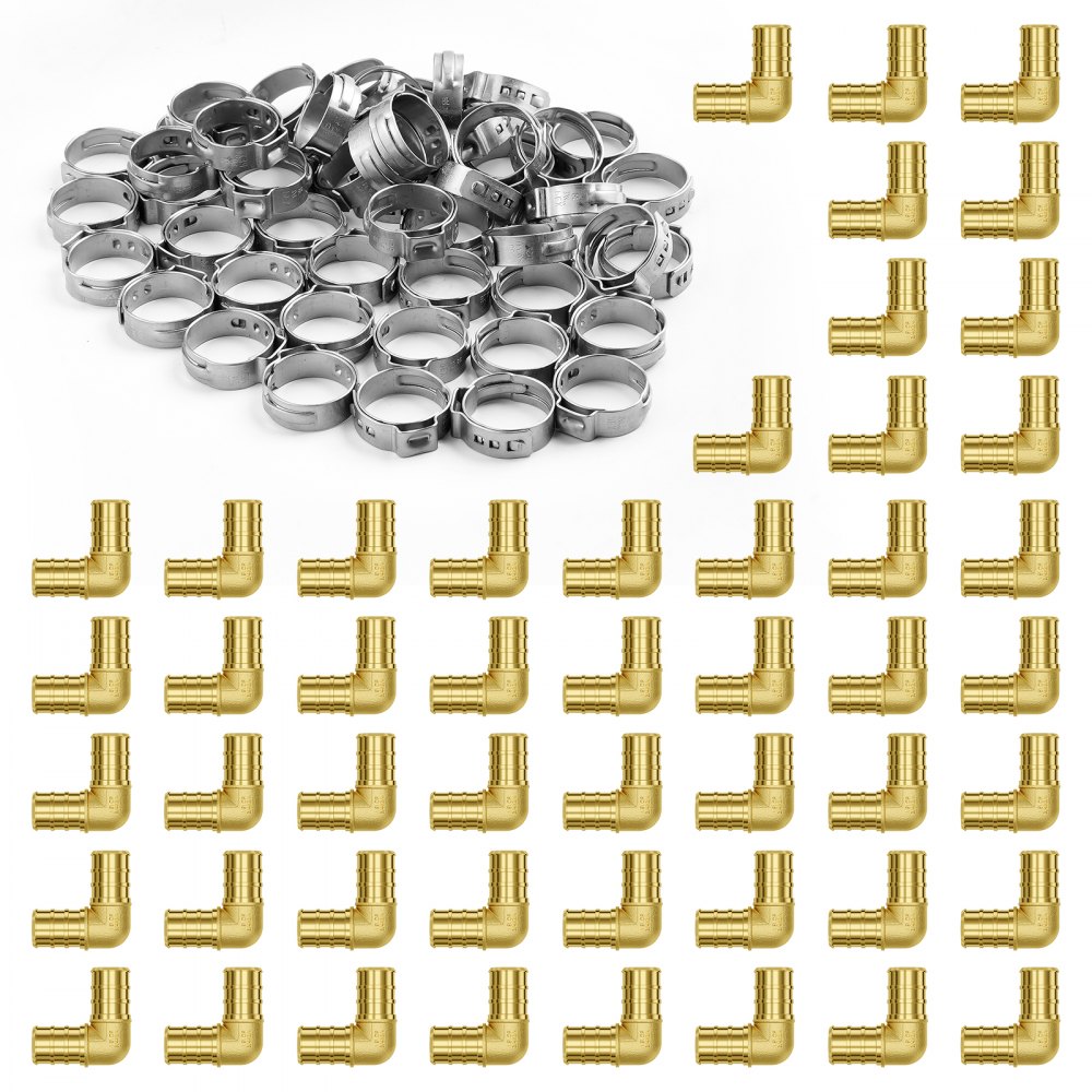 VEVOR Pipe Fittings, 3/4" 50PCS Brass Pipe Fittings, Clamp-style Elbows Pipe Connector Brass Air Fittings, Heavy Duty Plumbing Fittings Tube Adapter for Heating/Shower Systems,Outdoor Water Pipes