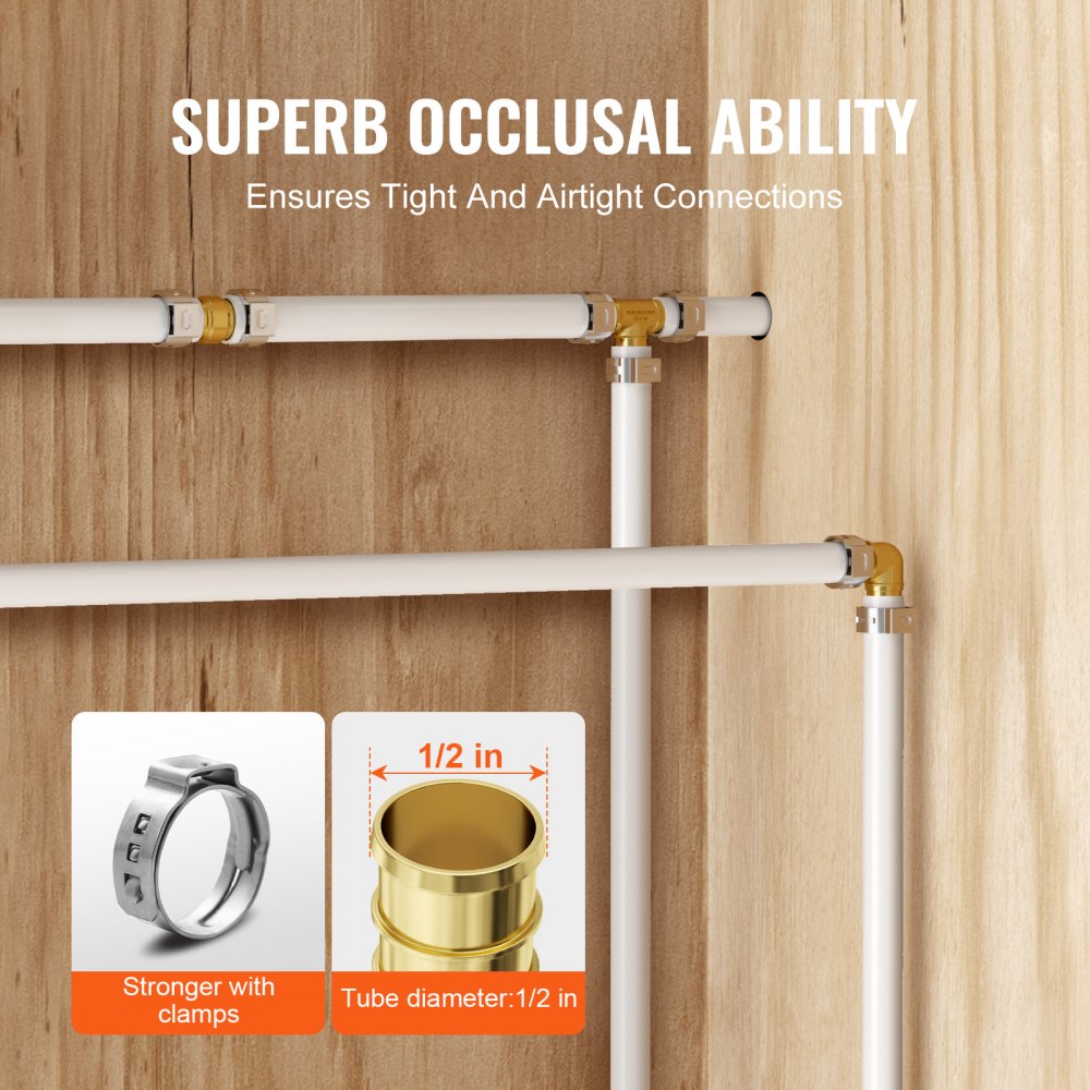 VEVOR Pipe Fittings, 1/2" 50PCS Brass Pipe Fittings, Clamp-style Tee Pipe Connector Brass Air Fittings, Heavy Duty Plumbing Fittings Tube Adapter for Heating/Shower Systems,Outdoor Water Pipes