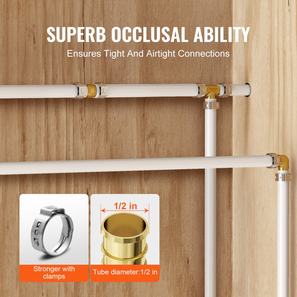 VEVOR Pipe Fittings, 1/2" 50PCS Brass Pipe Fittings, Clamp-style Straight-Through Pipe Connector Brass Air Fittings, Heavy Duty Plumbing Fittings Tube Adapter for Heating/Shower Systems,Water Pipes