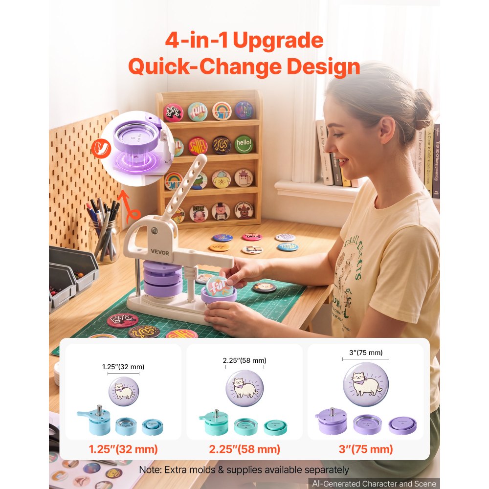 VEVOR Button Maker Machine, 1.25"/2.25"/3"(32/58/75 mm), Quick-Change Plastic Pin Maker with 300pcs Button Parts, Circle Cutter and Magic Book, Reinforced Handle, for DIY Badges, Pins, Key Chains