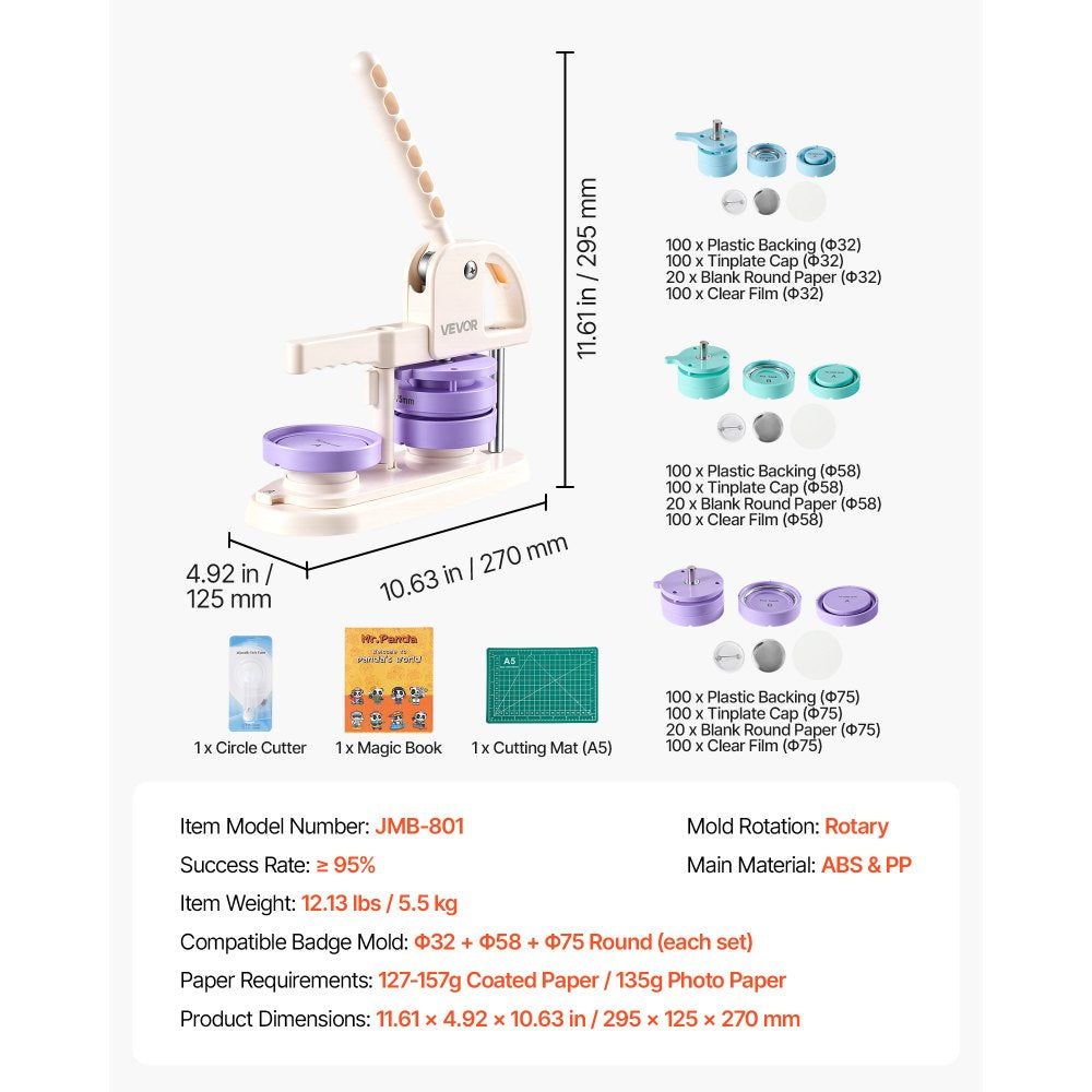 VEVOR Button Maker Machine, 1.25"/2.25"/3"(32/58/75 mm), Quick-Change Plastic Pin Maker with 300pcs Button Parts, Circle Cutter and Magic Book, Reinforced Handle, for DIY Badges, Pins, Key Chains