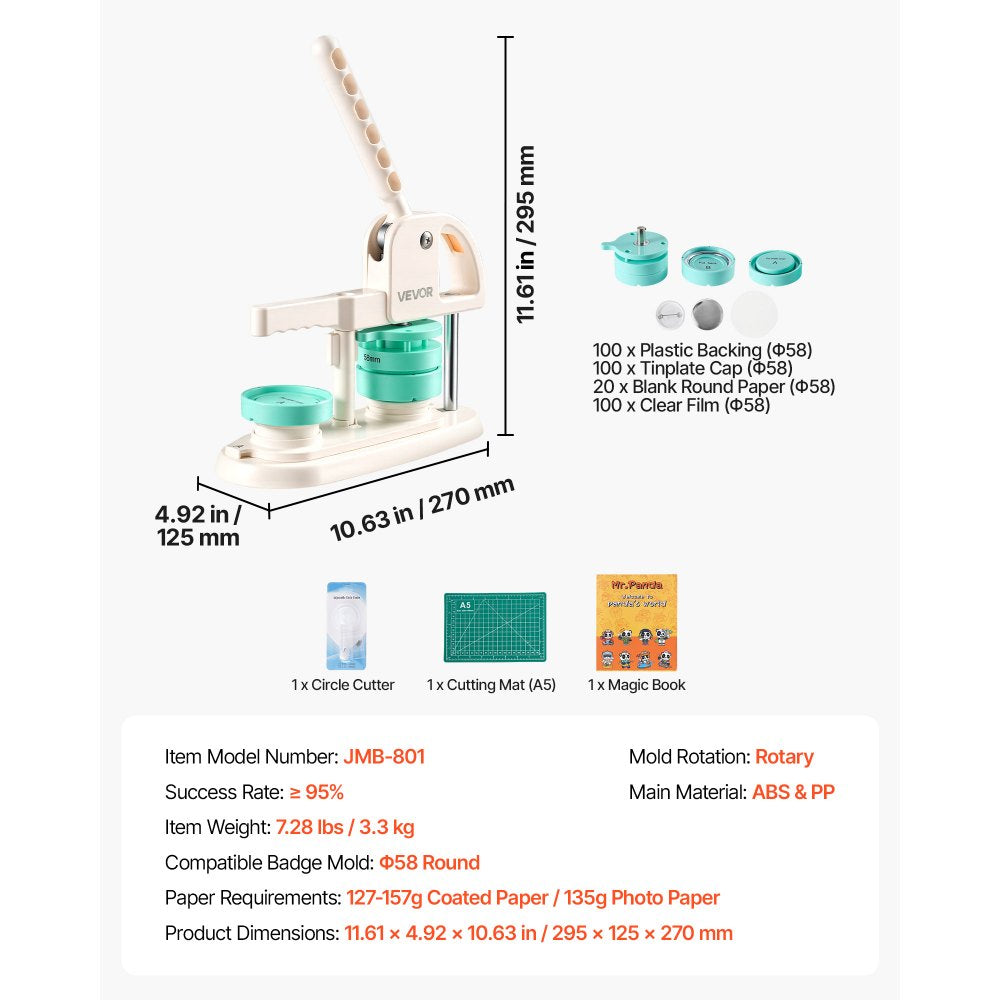 VEVOR Button Maker Machine, 2.25" / 58 mm, Quick-Change Plastic Pin Maker with 100pcs Button Parts, Circle Cutter and Magic Book, Reinforced Ergonomic Handle, for DIY Badges, Pins, Key Chains