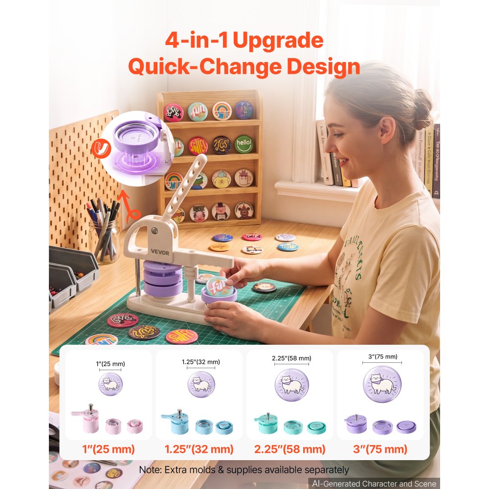 VEVOR Button Maker Machine, 3" / 75 mm, Quick-Change Plastic Pin Maker with 100pcs Button Parts, Circle Cutter and Magic Book, Reinforced Ergonomic Handle, for DIY Badges, Pins, Key Chains