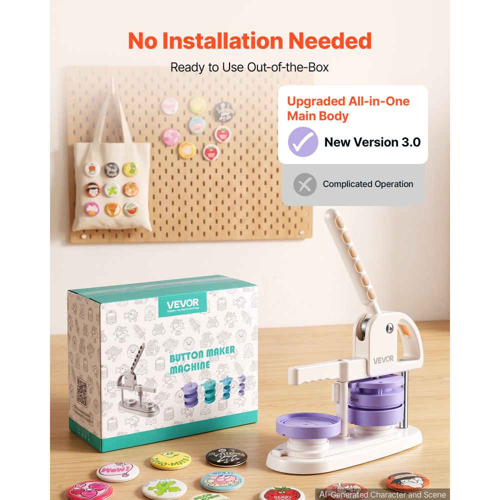 VEVOR Button Maker Machine, 3" / 75 mm, Quick-Change Plastic Pin Maker with 100pcs Button Parts, Circle Cutter and Magic Book, Reinforced Ergonomic Handle, for DIY Badges, Pins, Key Chains