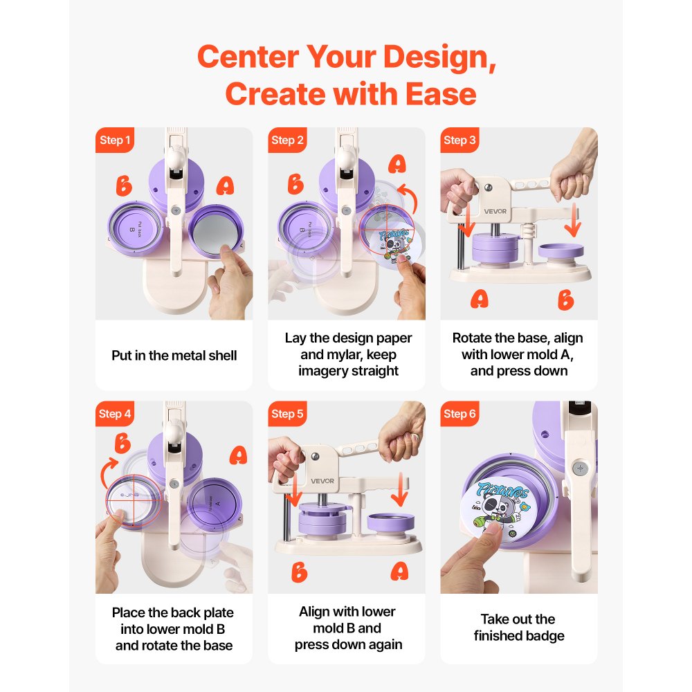 VEVOR Button Maker Machine, 3" / 75 mm, Quick-Change Plastic Pin Maker with 100pcs Button Parts, Circle Cutter and Magic Book, Reinforced Ergonomic Handle, for DIY Badges, Pins, Key Chains