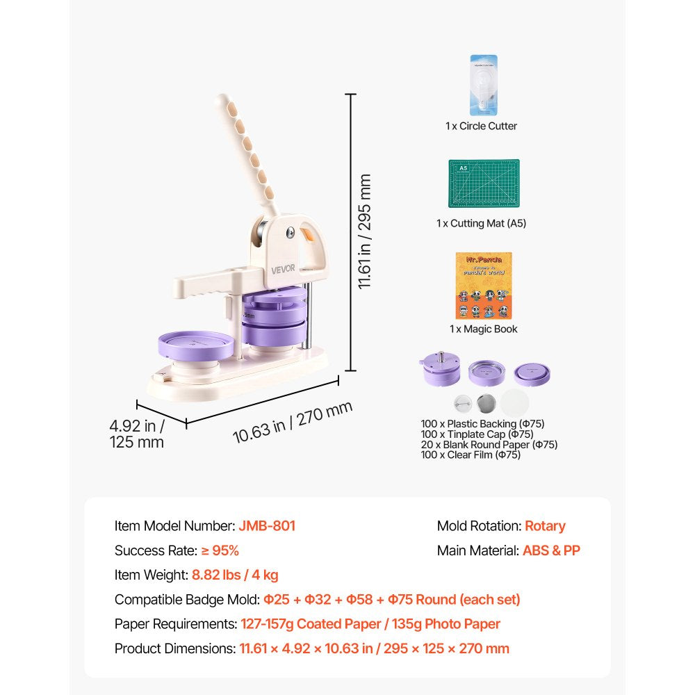 VEVOR Button Maker Machine, 3" / 75 mm, Quick-Change Plastic Pin Maker with 100pcs Button Parts, Circle Cutter and Magic Book, Reinforced Ergonomic Handle, for DIY Badges, Pins, Key Chains