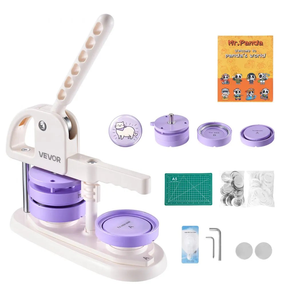 VEVOR Button Maker Machine, 3" / 75 mm, Quick-Change Plastic Pin Maker with 100pcs Button Parts, Circle Cutter and Magic Book, Reinforced Ergonomic Handle, for DIY Badges, Pins, Key Chains