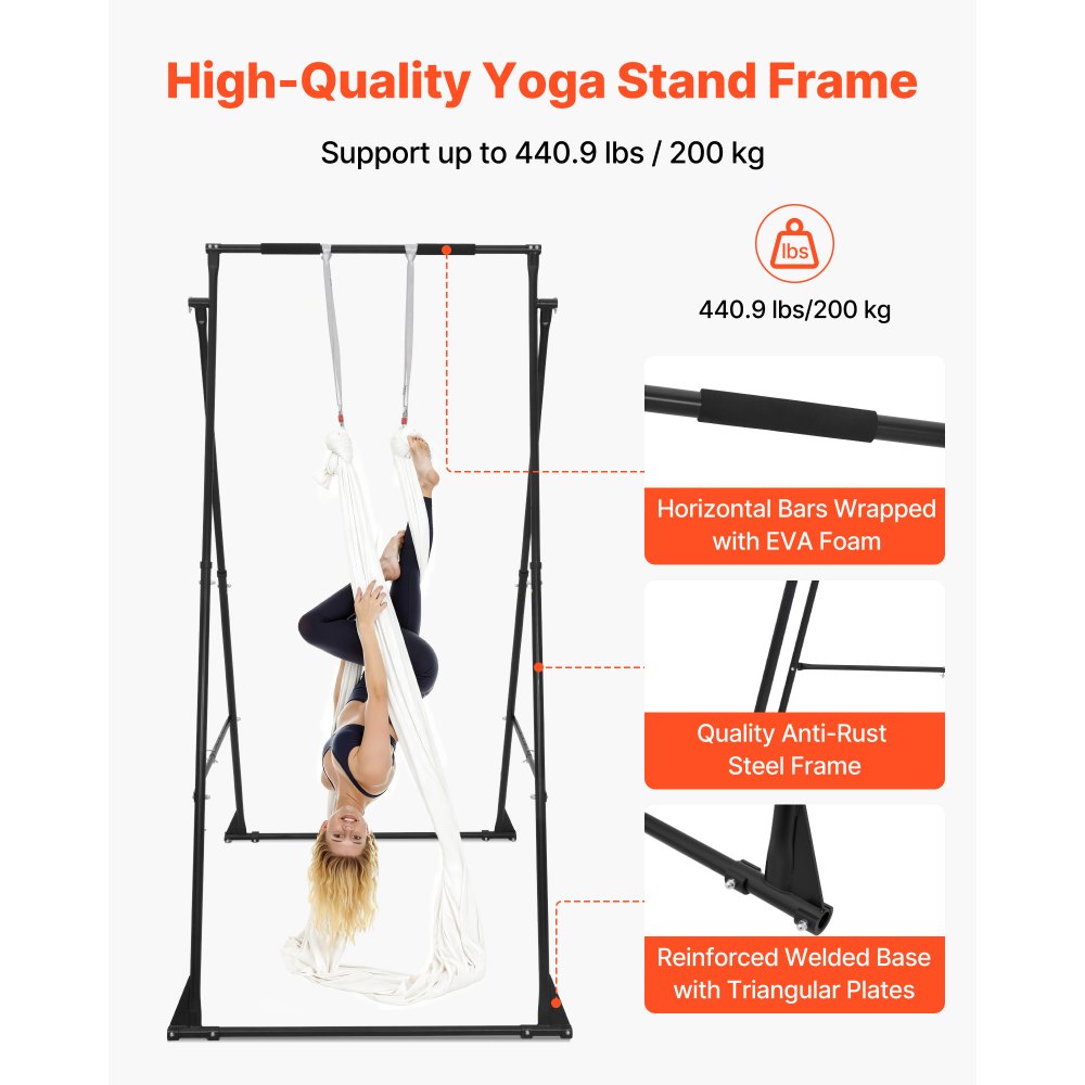 VEVOR Yoga Stand Frame, Max 440.9 lbs Load Swing Stand, Triangular Structure Aerial Rig, Aerial Silk Stands with EVA Foam & 6.6-yard Yoga Hammock, 4-Level Horizontal & 6-Level Vertical Adjustment