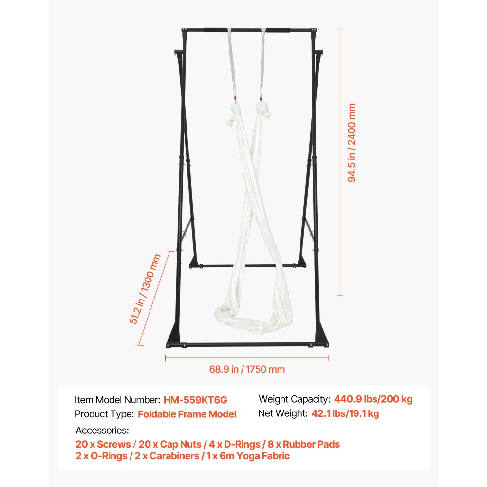 VEVOR Yoga Stand Frame, Max 440.9 lbs Load Swing Stand, Triangular Structure Aerial Rig, Aerial Silk Stands with EVA Foam & 6.6-yard Yoga Hammock, 4-Level Horizontal & 6-Level Vertical Adjustment