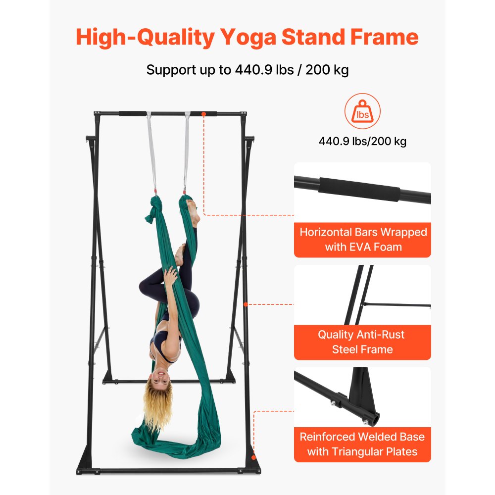 VEVOR Yoga Stand Frame, Max 440.9 lbs Load Swing Stand, Triangular Structure Pull Up Stands, Aerial Silk Stands with EVA Foam & 6.6-yard Yoga Hammock, 4-Level Horizontal & 6-Level Vertical Adjustment