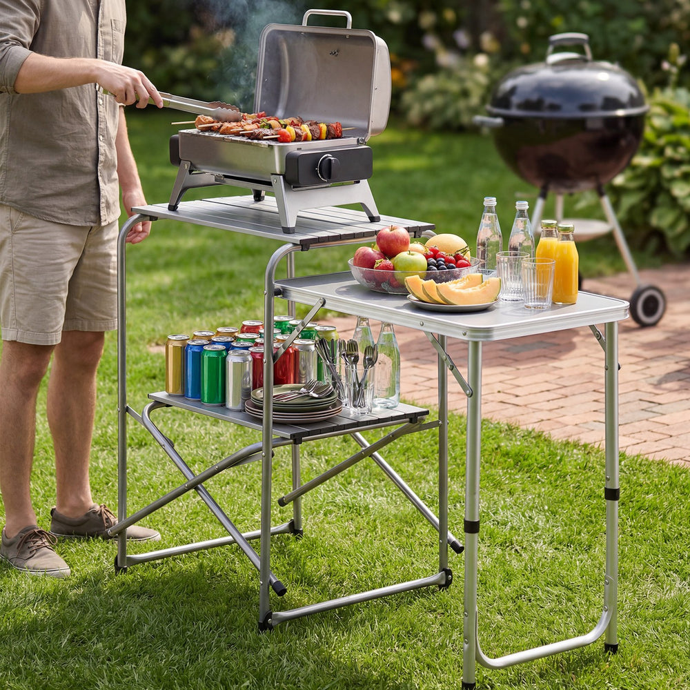 VEVOR Camping Kitchen Table, Slim-Fold Cook Station, Portable Folding Table, with Side Table, Heat Resistant Tabletop, and Carrying Bag, Ideal for Outdoor Picnics, BBQs, Camping, RV Traveling