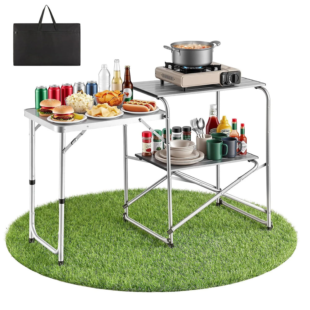 VEVOR Camping Kitchen Table, Slim-Fold Cook Station, Portable Folding Table, with Side Table, Heat Resistant Tabletop, and Carrying Bag, Ideal for Outdoor Picnics, BBQs, Camping, RV Traveling