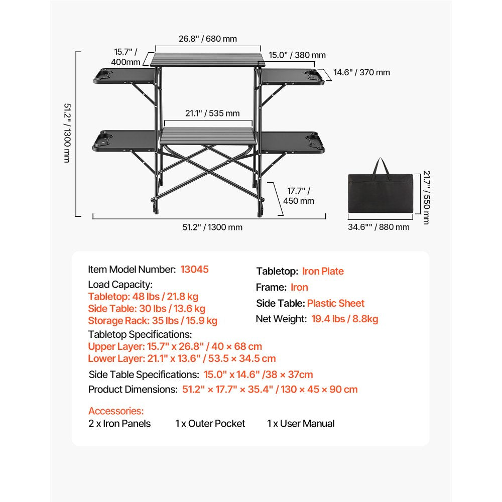 VEVOR Camping Kitchen Table, Slim-Fold Cook Station, Portable Folding Table, with 4 Side Tables, Heat Resistant Tabletop, and Carrying Bag, Ideal for Outdoor Picnics, BBQs, Camping, RV Traveling