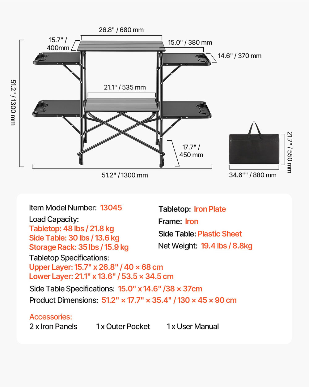 VEVOR Camping Kitchen Table, Slim-Fold Cook Station, Portable Folding Table, with 4 Side Tables, Heat Resistant Tabletop, and Carrying Bag, Ideal for Outdoor Picnics, BBQs, Camping, RV Traveling