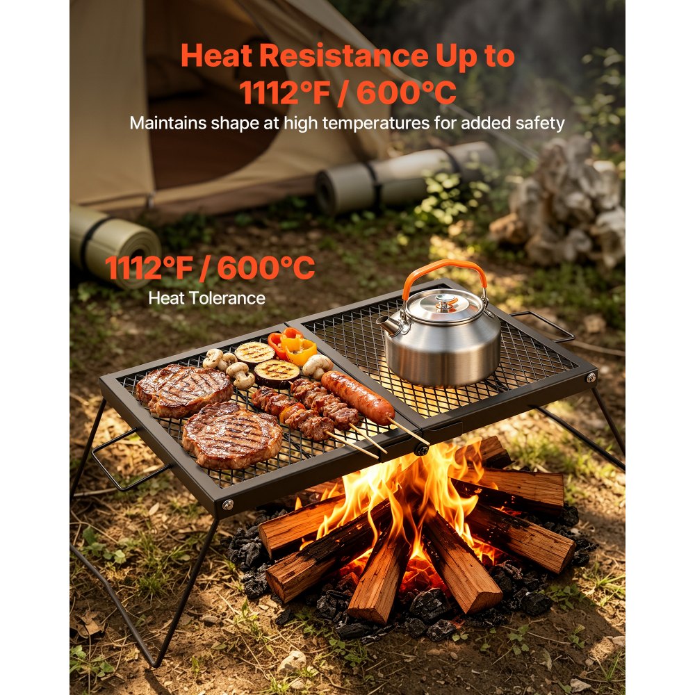 VEVOR Heavy Duty Folding Campfire Grill, 24" Portable Camping Grill Grate, Sturdy Steel Mesh, Compact Equipment Over Fire Pit, with Legs and Handle, Grilling Rack for Outdoor Open Flame Cooking, Black