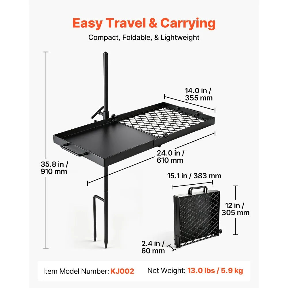 VEVOR Heavy Duty Swivel Campfire Grill, 24" Portable Camping Grill Grate & Griddle, Sturdy Steel BBQ Mesh, 360° Height Adjustable Over Fire Pit Equipment, for Outdoor Open Flame Cooking, Black