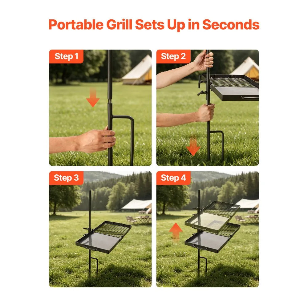 VEVOR Heavy Duty Swivel Campfire Grill, 24" Portable Camping Grill Grate & Griddle, Sturdy Steel BBQ Mesh, 360° Height Adjustable Over Fire Pit Equipment, for Outdoor Open Flame Cooking, Black