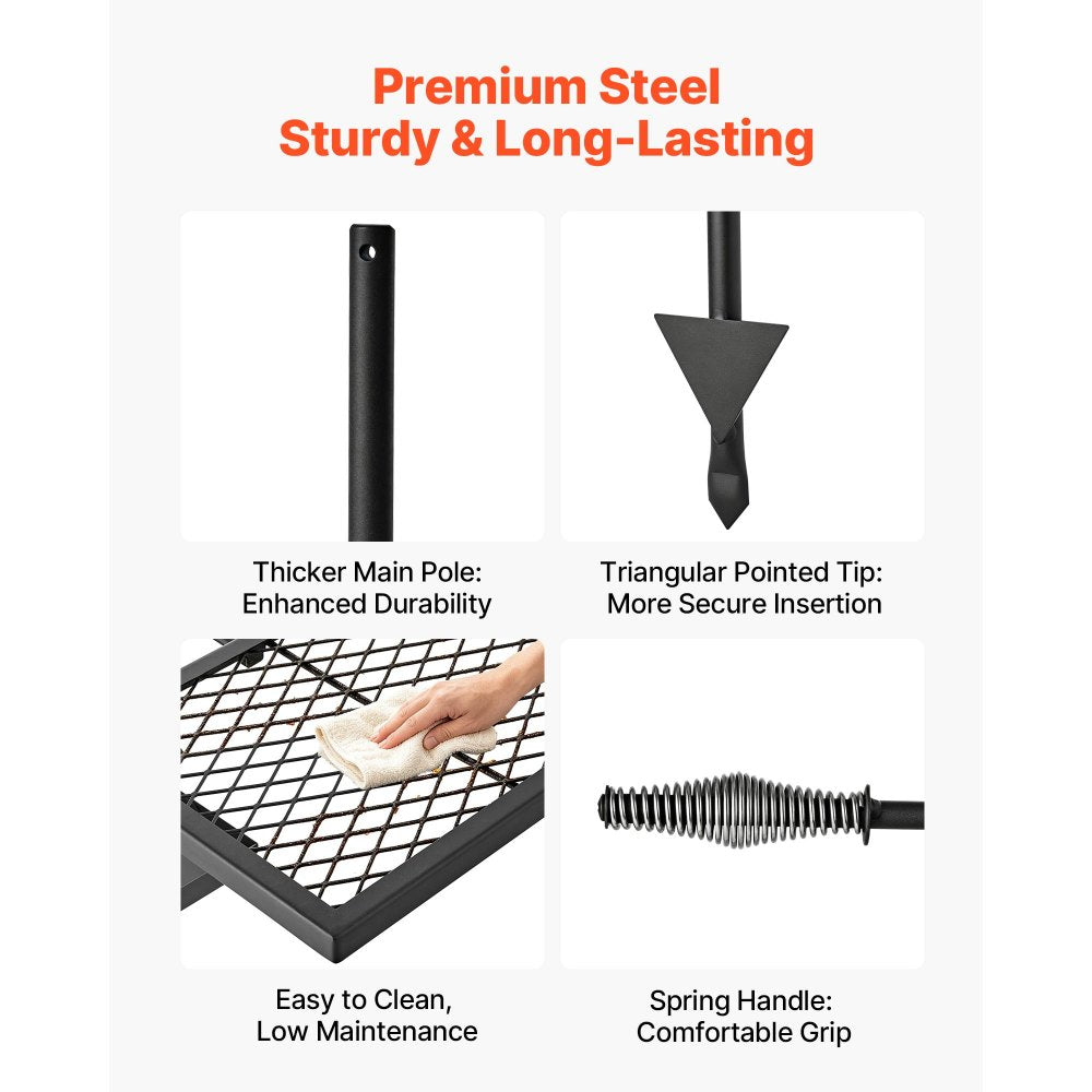 VEVOR Heavy Duty Swivel Campfire Grill, Double Layer Portable Camping Grill Grate & Griddle, Sturdy Steel BBQ Mesh, 360° Height Adjustable Over Fire Pit, for Outdoor Open Flame Cooking, Black