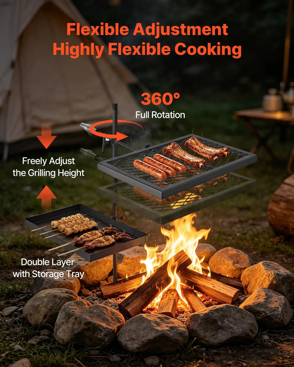 VEVOR Heavy Duty Swivel Campfire Grill, Double Layer Portable Camping Grill Grate & Griddle, Sturdy Steel BBQ Mesh, 360° Height Adjustable Over Fire Pit, for Outdoor Open Flame Cooking, Black