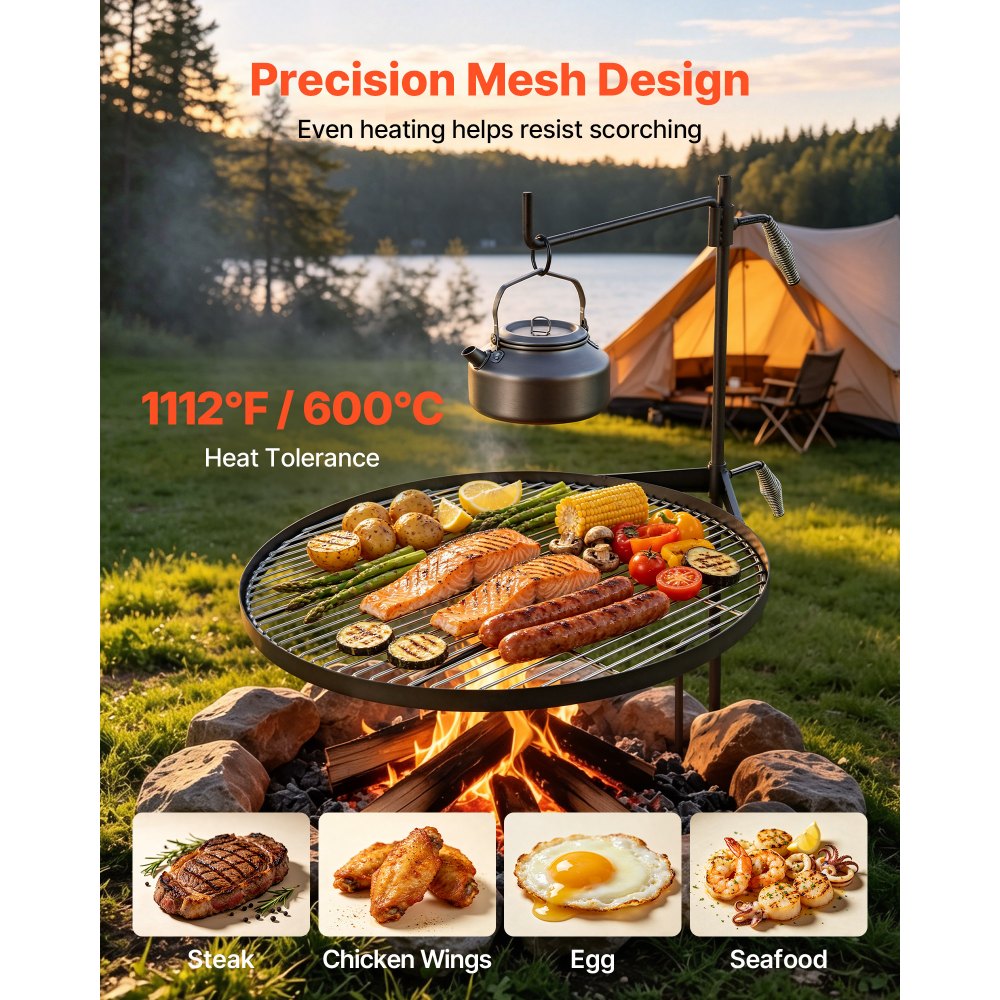 VEVOR Heavy Duty Swivel Campfire Grill, 24.4" Round Portable Camping Grill Grate, Sturdy Steel BBQ Mesh, 360° Height Adjustable Over Fire Pit with Support Rod, for Outdoor Open Flame Cooking, Black