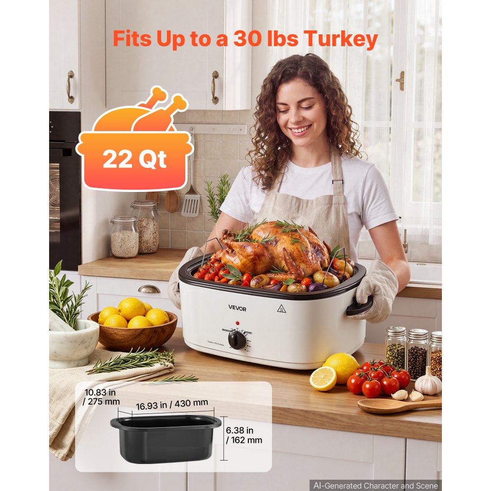 VEVOR Electric Roaster Oven, 22 Qt, Turkey Roasting Pan, White, 1450W Power, Viewing Self-Basting Lid, 150-450°F Heat Control, Countertop Turkey Cooker with Defrost/Warm, Removable Pan and Rack