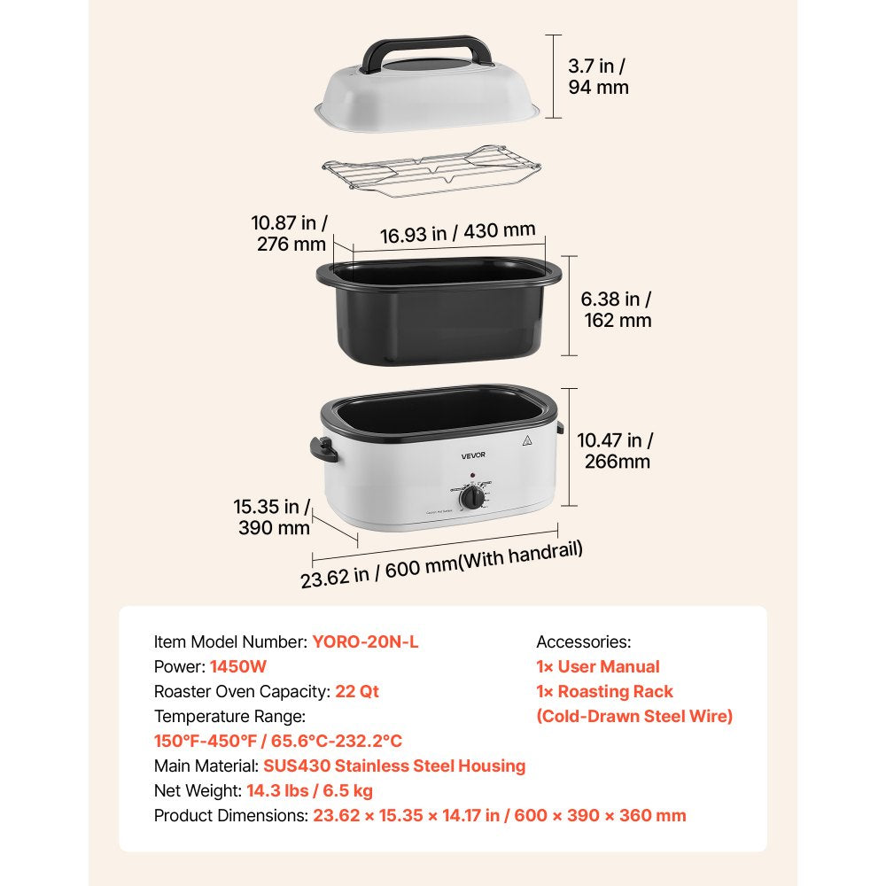 VEVOR Electric Roaster Oven, 22 Qt, Turkey Roasting Pan, White, 1450W Power, Viewing Self-Basting Lid, 150-450°F Heat Control, Countertop Turkey Cooker with Defrost/Warm, Removable Pan and Rack