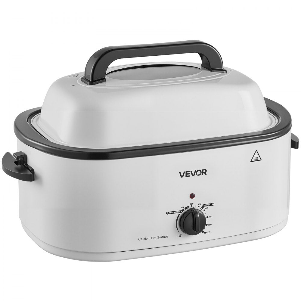 VEVOR Electric Roaster Oven, 22 Qt, Turkey Roasting Pan, White, 1450W Power, Viewing Self-Basting Lid, 150-450°F Heat Control, Countertop Turkey Cooker with Defrost/Warm, Removable Pan and Rack