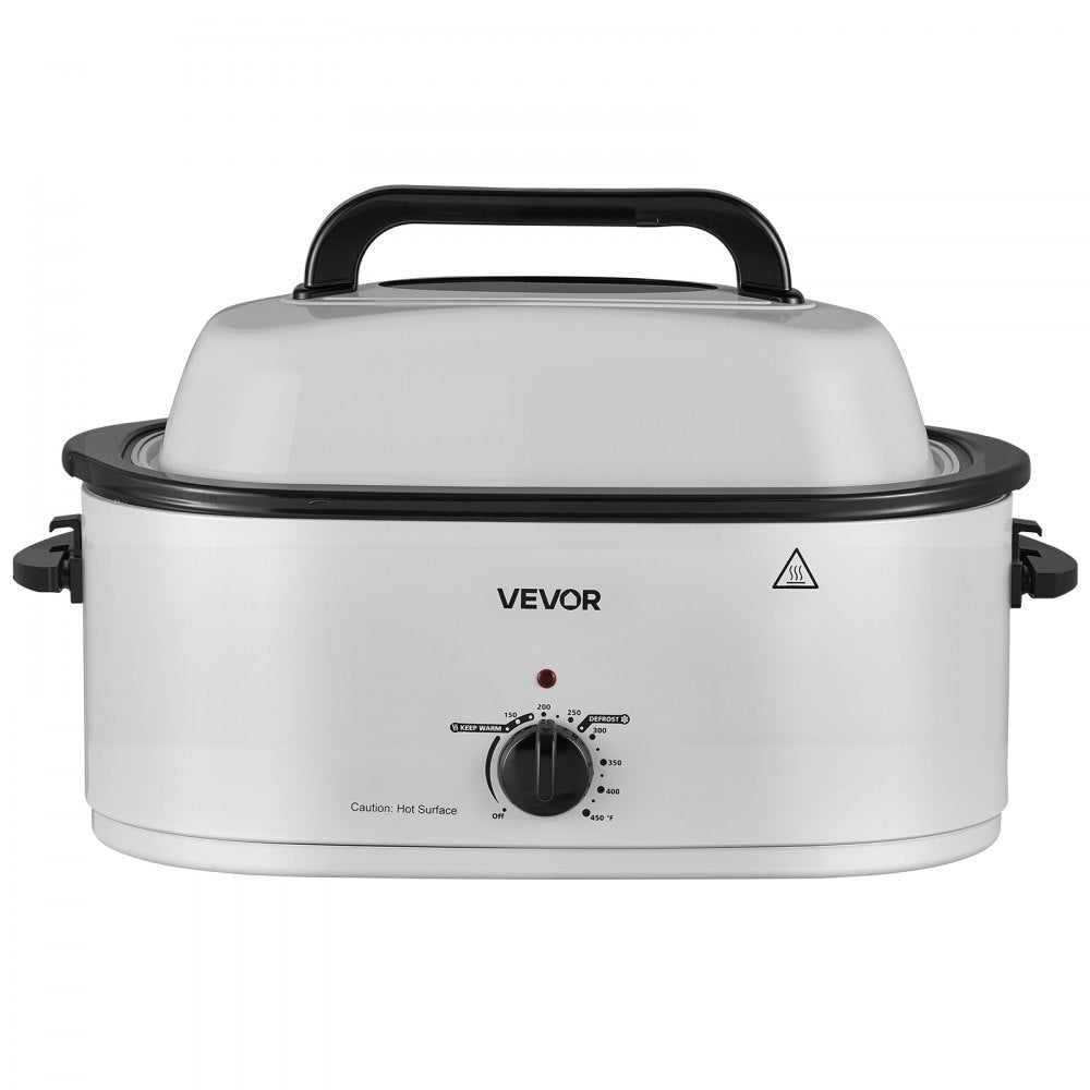 VEVOR Electric Roaster Oven, 22 Qt, Turkey Roasting Pan, White, 1450W Power, Viewing Self-Basting Lid, 150-450°F Heat Control, Countertop Turkey Cooker with Defrost/Warm, Removable Pan and Rack