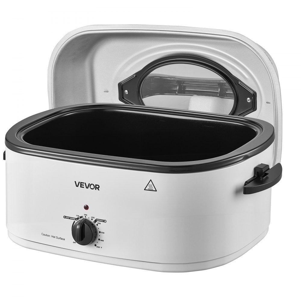 VEVOR Electric Roaster Oven, 22 Qt, Turkey Roasting Pan, White, 1450W Power, Viewing Self-Basting Lid, 150-450°F Heat Control, Countertop Turkey Cooker with Defrost/Warm, Removable Pan and Rack