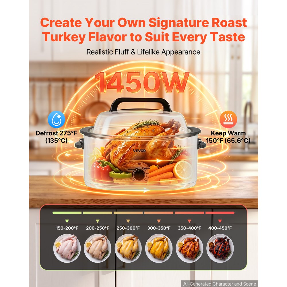 VEVOR Electric Roaster Oven, 26 Qt, Turkey Roasting Pan, White, 1450W Power, Viewing Self-Basting Lid, 150-450°F Heat Control, Countertop Turkey Cooker with Defrost/Warm, Removable Pan and Rack