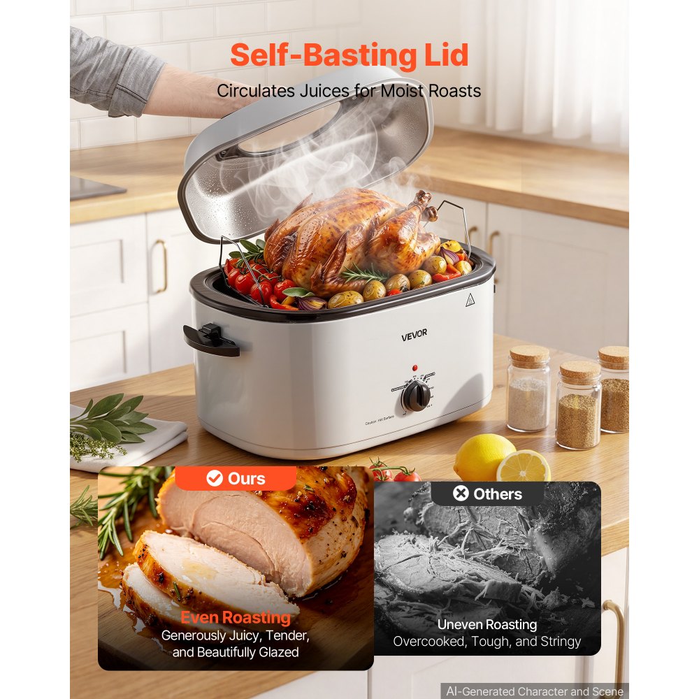 VEVOR Electric Roaster Oven, 26 Qt, Turkey Roasting Pan, White, 1450W Power, Viewing Self-Basting Lid, 150-450°F Heat Control, Countertop Turkey Cooker with Defrost/Warm, Removable Pan and Rack
