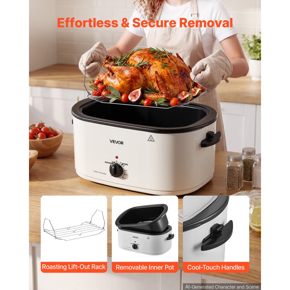 VEVOR Electric Roaster Oven, 26 Qt, Turkey Roasting Pan, White, 1450W Power, Viewing Self-Basting Lid, 150-450°F Heat Control, Countertop Turkey Cooker with Defrost/Warm, Removable Pan and Rack