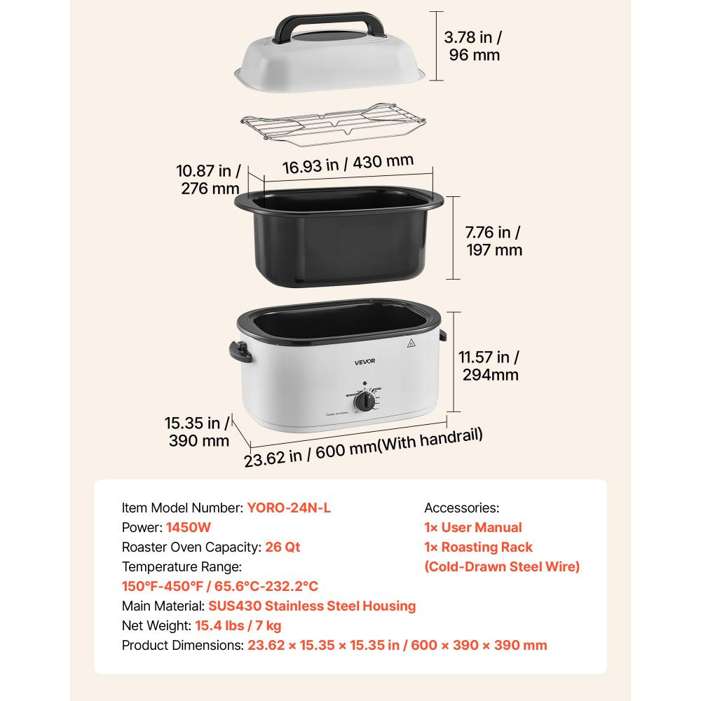 VEVOR Electric Roaster Oven, 26 Qt, Turkey Roasting Pan, White, 1450W Power, Viewing Self-Basting Lid, 150-450°F Heat Control, Countertop Turkey Cooker with Defrost/Warm, Removable Pan and Rack
