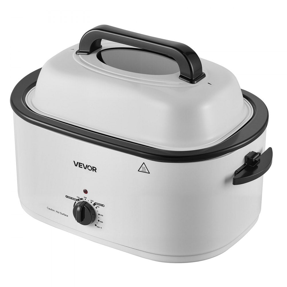 VEVOR Electric Roaster Oven, 26 Qt, Turkey Roasting Pan, White, 1450W Power, Viewing Self-Basting Lid, 150-450°F Heat Control, Countertop Turkey Cooker with Defrost/Warm, Removable Pan and Rack