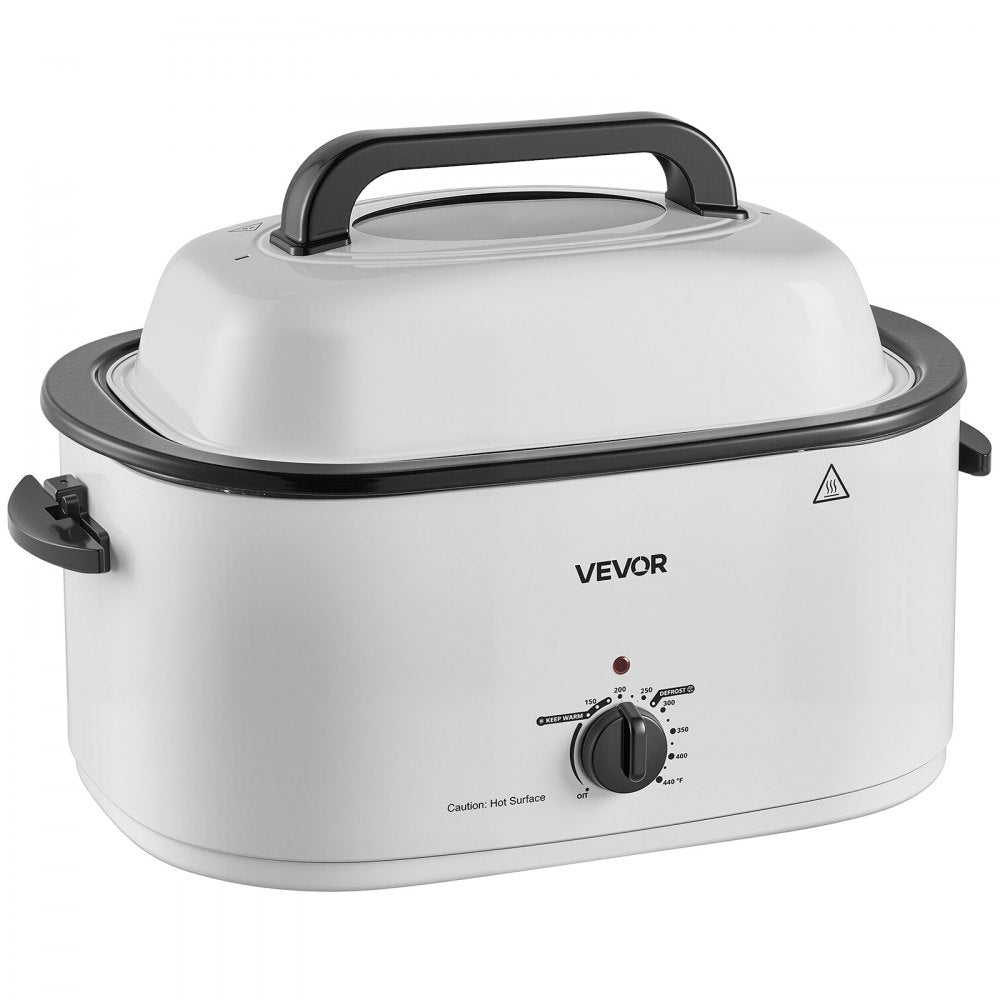 VEVOR Electric Roaster Oven, 26 Qt, Turkey Roasting Pan, White, 1450W Power, Viewing Self-Basting Lid, 150-450°F Heat Control, Countertop Turkey Cooker with Defrost/Warm, Removable Pan and Rack