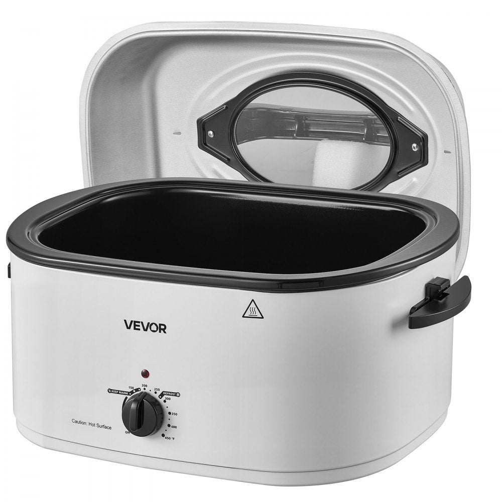 VEVOR Electric Roaster Oven, 26 Qt, Turkey Roasting Pan, White, 1450W Power, Viewing Self-Basting Lid, 150-450°F Heat Control, Countertop Turkey Cooker with Defrost/Warm, Removable Pan and Rack