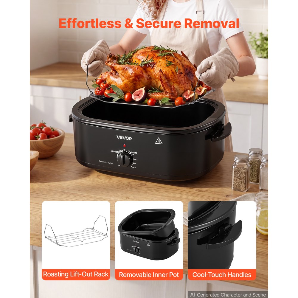 VEVOR Electric Roaster Oven, 18 Qt, Turkey Roasting Pan, Black, 1450W Power, Metal Self-Basting Lid, 150-450°F Heat Control, Countertop Turkey Cooker with Defrost/Warm, Removable Pan and Rack