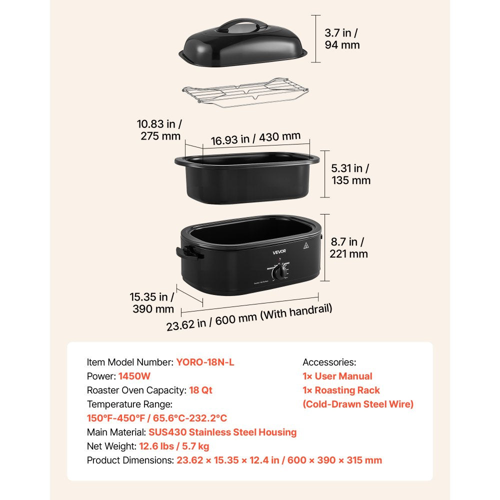 VEVOR Electric Roaster Oven, 18 Qt, Turkey Roasting Pan, Black, 1450W Power, Metal Self-Basting Lid, 150-450°F Heat Control, Countertop Turkey Cooker with Defrost/Warm, Removable Pan and Rack