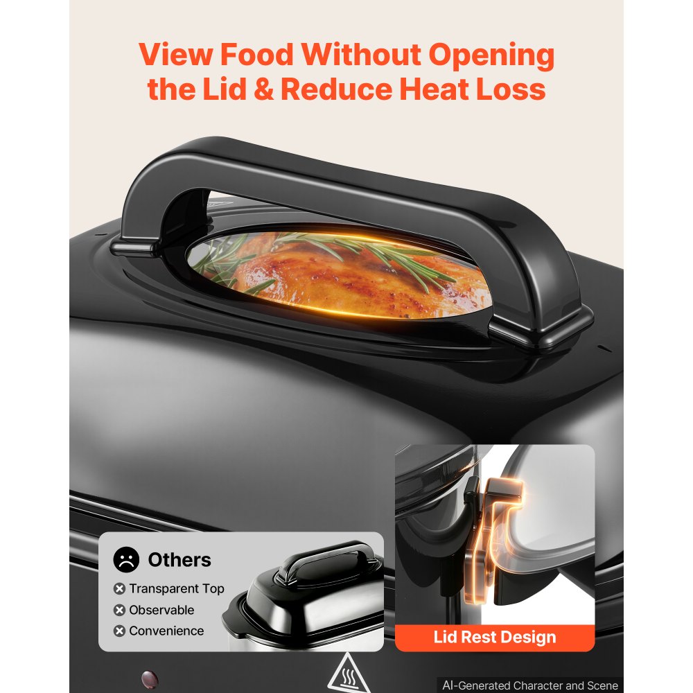 VEVOR Electric Roaster Oven, 20 Qt, Turkey Roasting Pan, Black, 1450W Power, Viewing Self-Basting Lid, 150-450°F Heat Control, Countertop Turkey Cooker with Defrost/Warm, Removable Pan and Rack