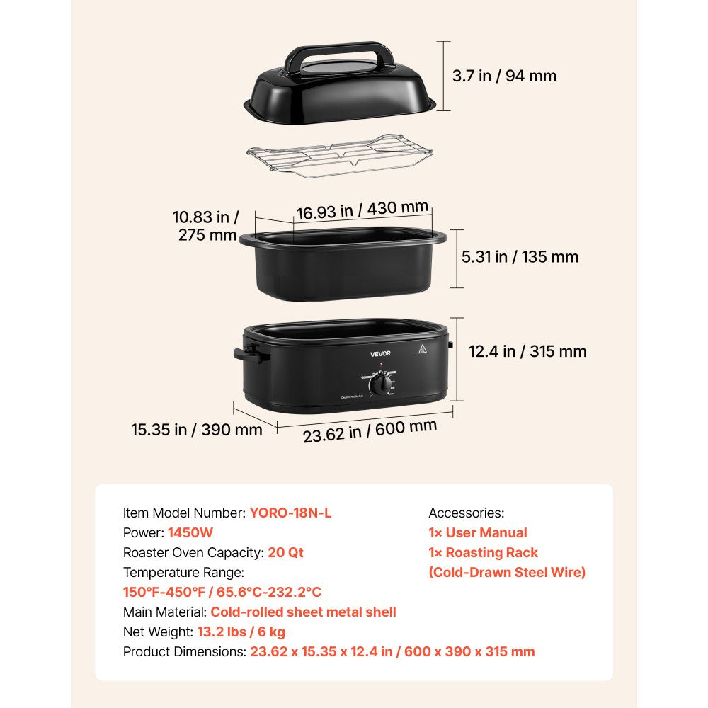 VEVOR Electric Roaster Oven, 20 Qt, Turkey Roasting Pan, Black, 1450W Power, Viewing Self-Basting Lid, 150-450°F Heat Control, Countertop Turkey Cooker with Defrost/Warm, Removable Pan and Rack
