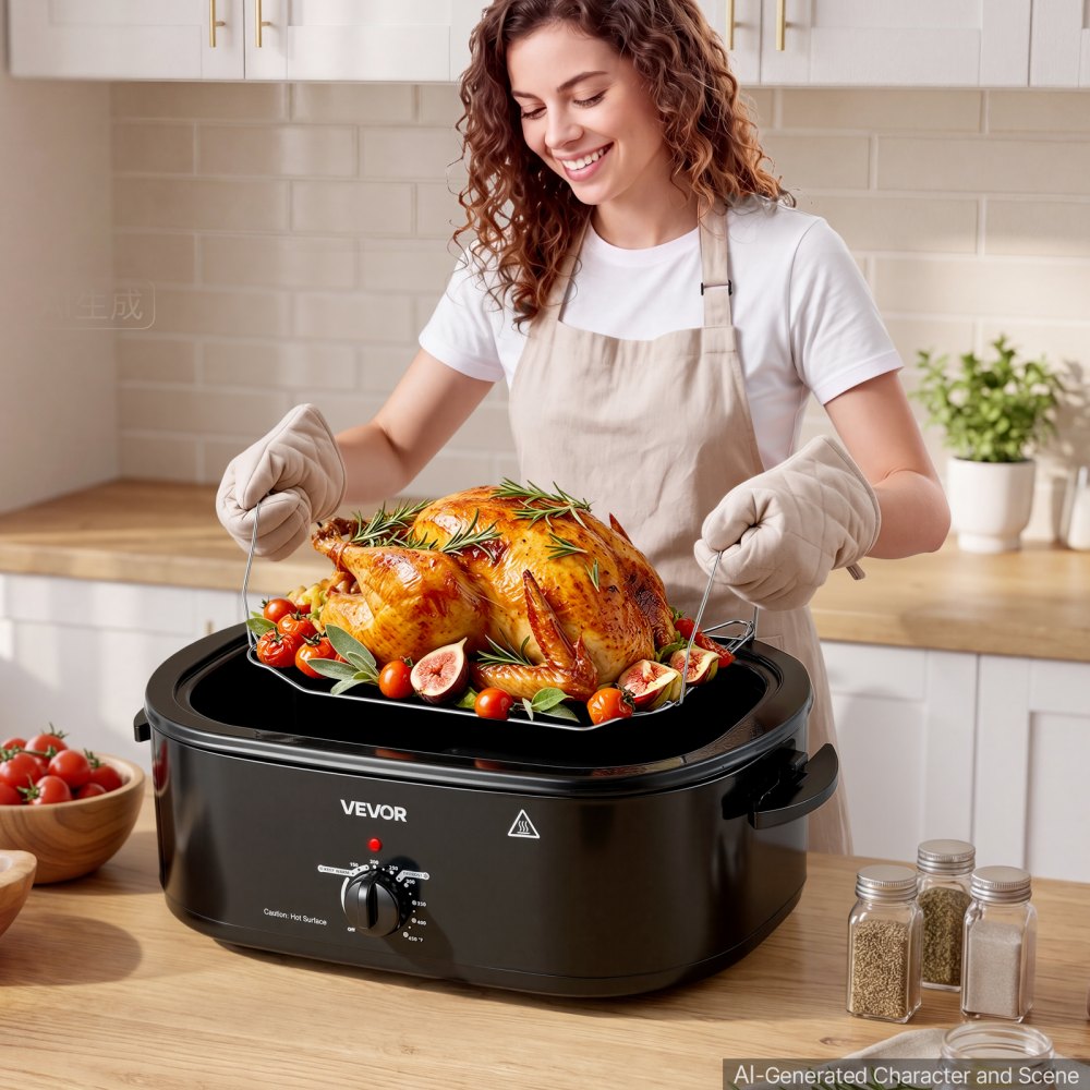 VEVOR Electric Roaster Oven, 20 Qt, Turkey Roasting Pan, Black, 1450W Power, Viewing Self-Basting Lid, 150-450°F Heat Control, Countertop Turkey Cooker with Defrost/Warm, Removable Pan and Rack