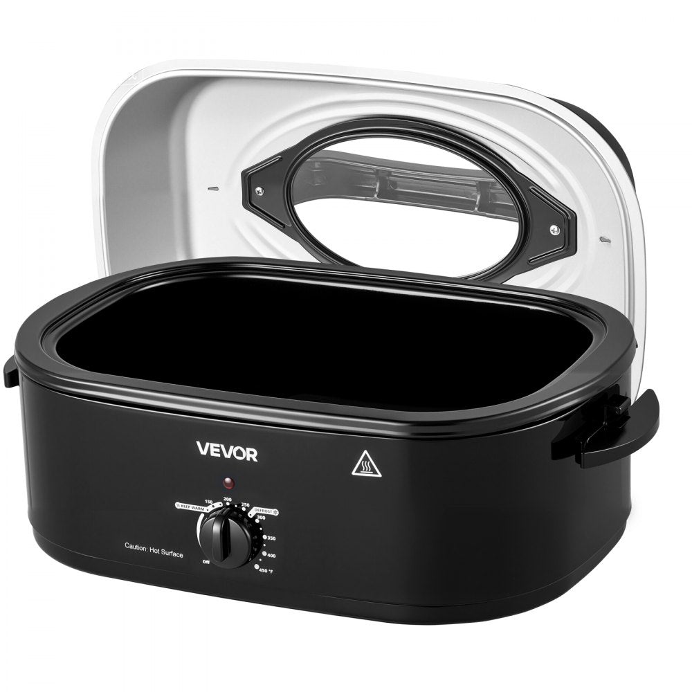 VEVOR Electric Roaster Oven, 20 Qt, Turkey Roasting Pan, Black, 1450W Power, Viewing Self-Basting Lid, 150-450°F Heat Control, Countertop Turkey Cooker with Defrost/Warm, Removable Pan and Rack